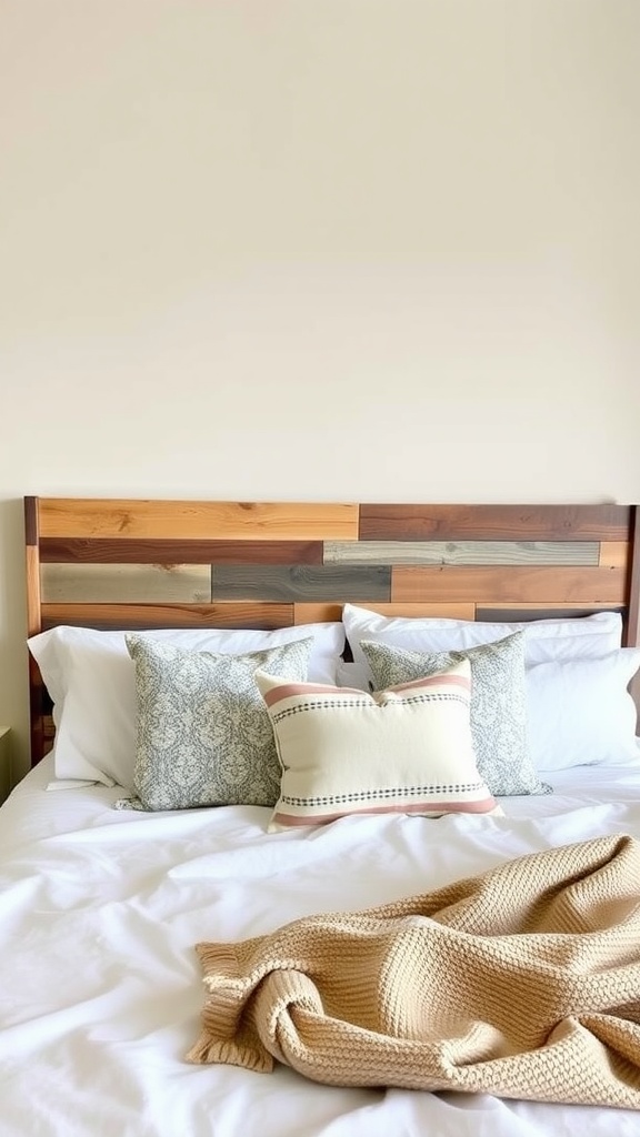 A cozy bedroom featuring a DIY wooden headboard with patterned pillows and a knitted throw blanket.