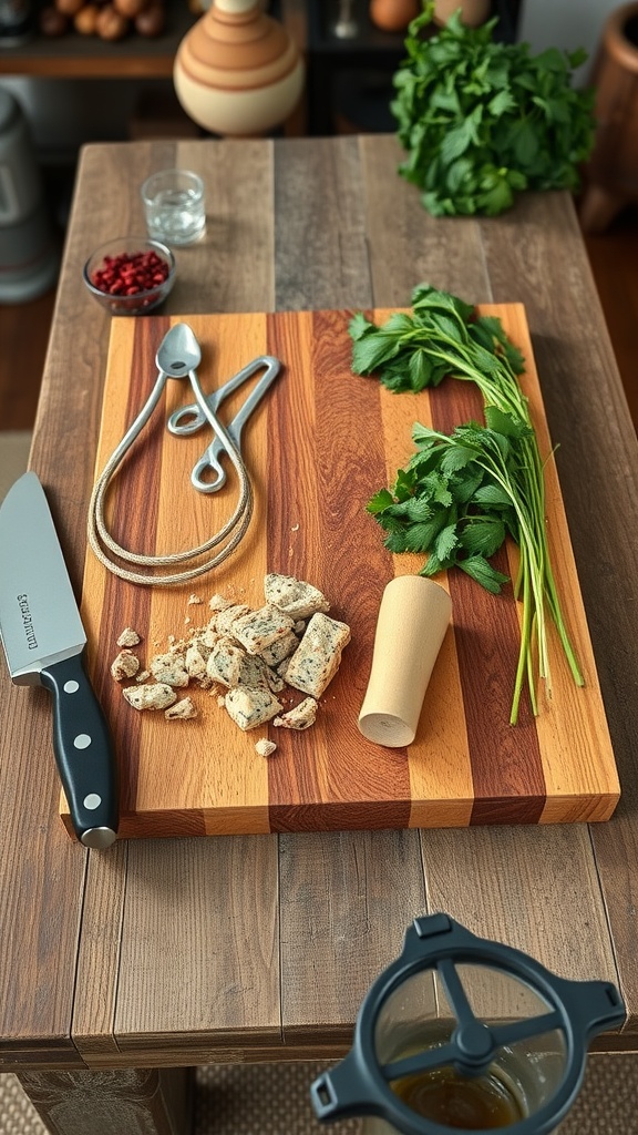 A wooden cutting board with herbs and a knife on a kitchen table.