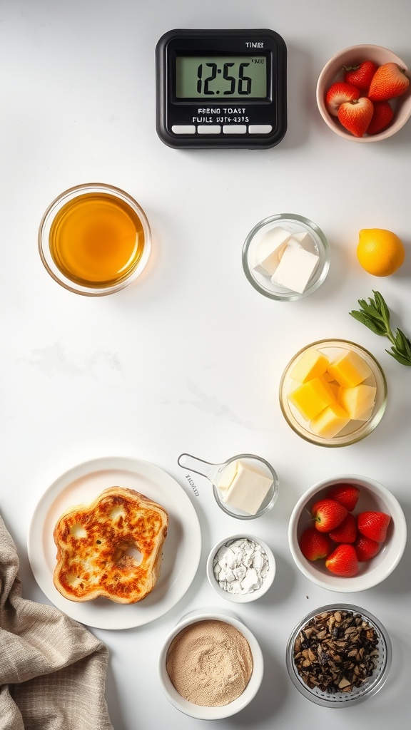 Ingredients for sour cream cranberry French toast casserole laid out on a kitchen counter.