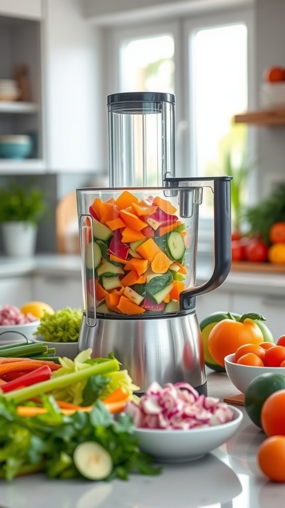 A food processor filled with chopped vegetables surrounded by fresh ingredients on a kitchen countertop.