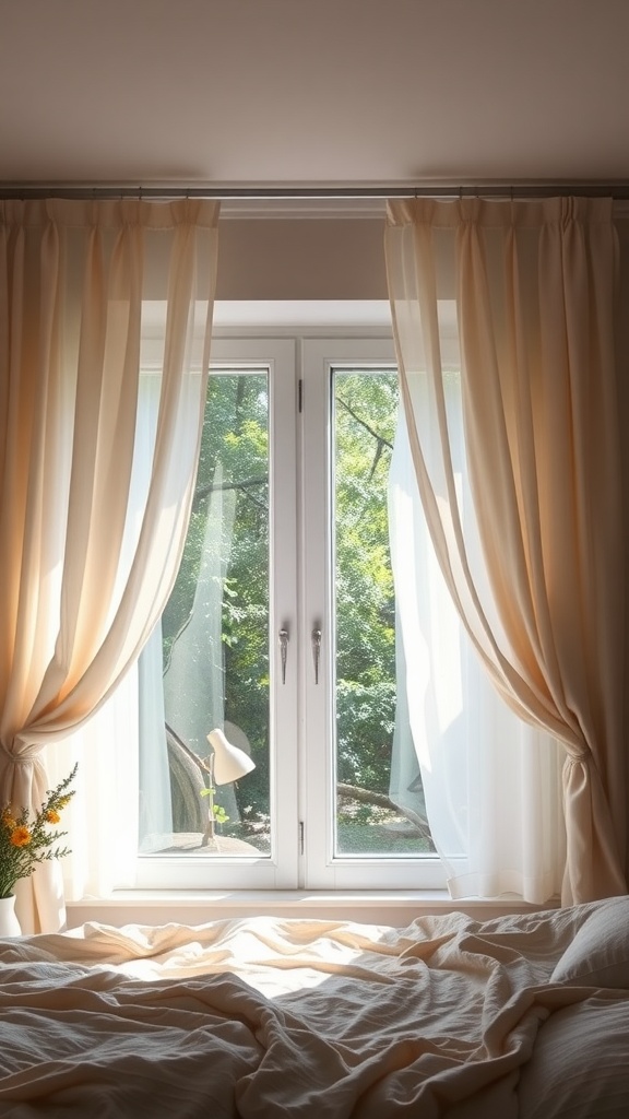 Cozy bedroom with soft, light curtains framing a window.