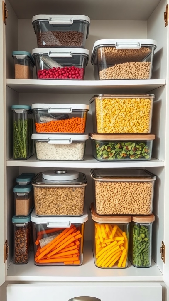 A neatly organized kitchen cabinet showcasing various glass storage containers filled with colorful foods.