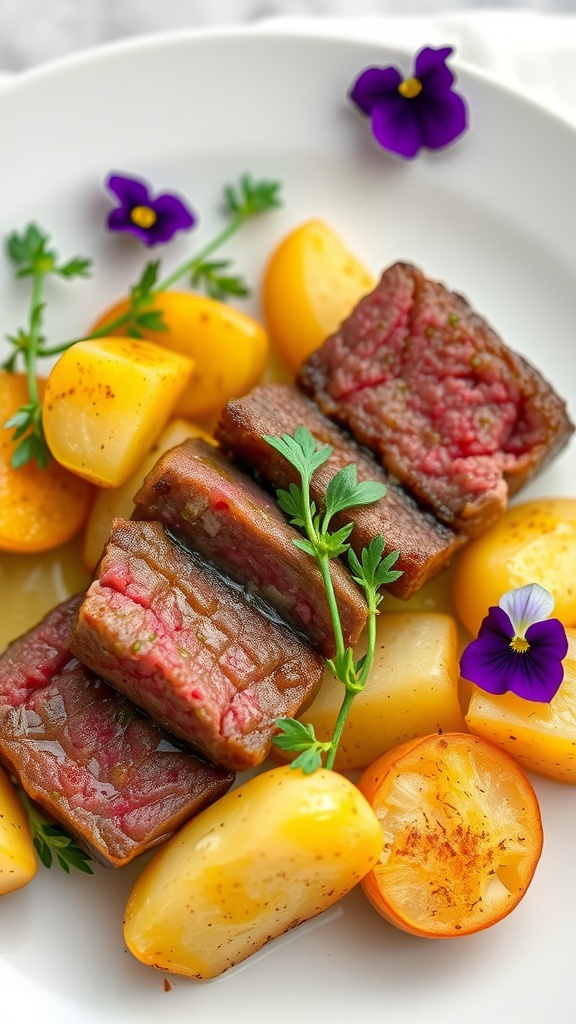 Elegant plated garlic butter steak bites with roasted potatoes and fresh garnishes.