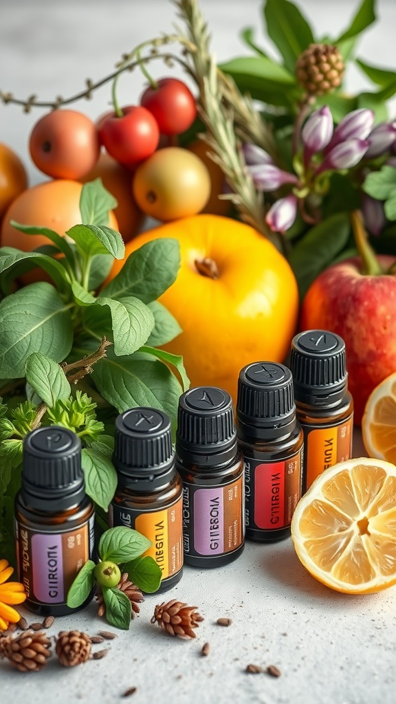 A variety of essential oils surrounded by fruits and herbs for flavor and scent.
