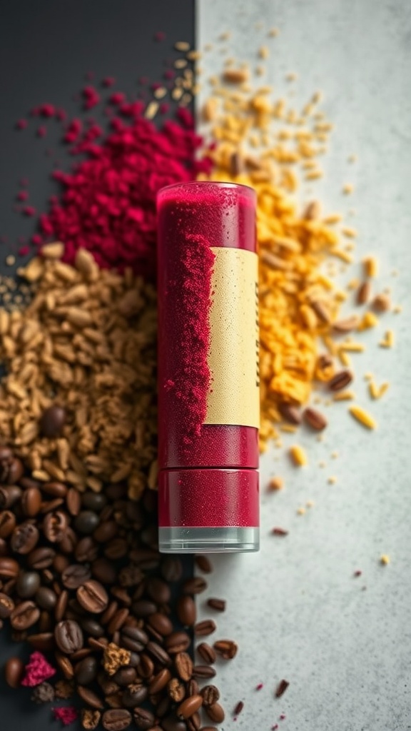 Various natural pigments and coffee grounds for lip balm formulation.