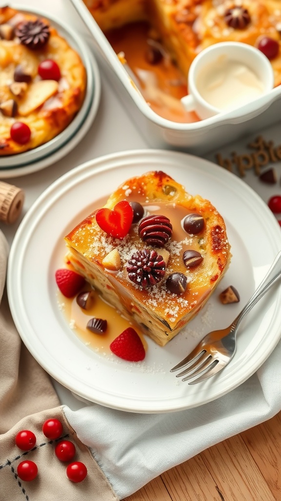 Festive presentation of Sour Cream Cranberry French Toast Casserole with toppings.