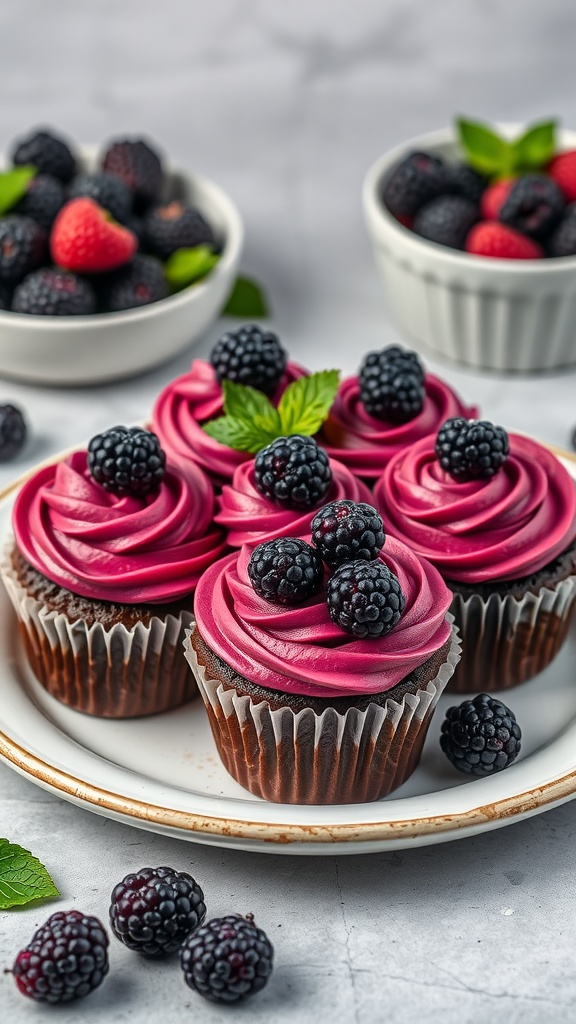 Moist dark chocolate cupcakes with blackberry frosting topped with fresh blackberries