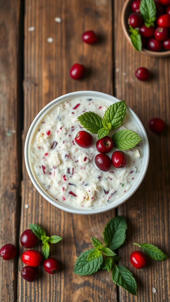 Bowl of white chocolate cranberry overnight oats topped with cranberries and mint leaves on a wooden table.