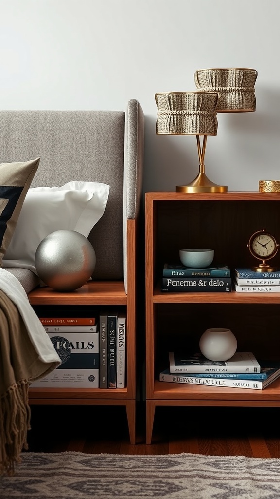 A stylish bedroom nightstand with storage, featuring books, a lamp, and decorative items.