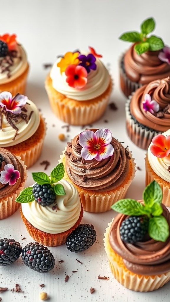 Cupcakes with various toppings and decorations including edible flowers and mint leaves.