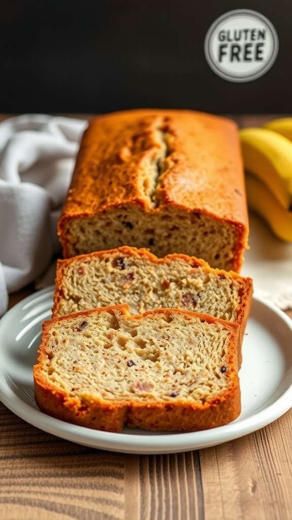 A deliciously baked gluten-free banana bread with slices on a plate.