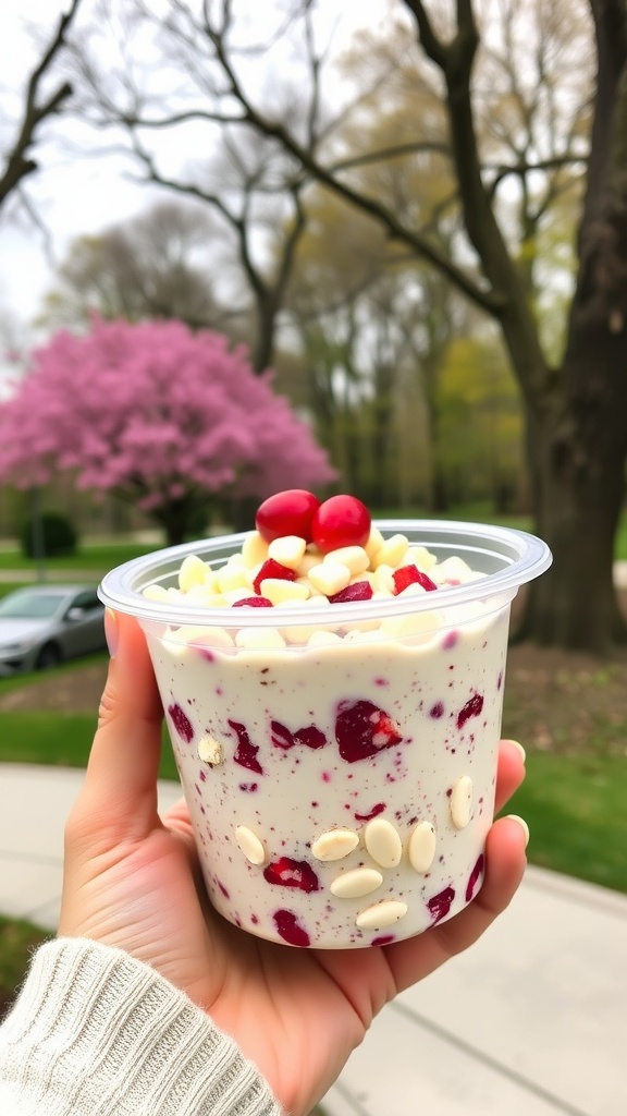 A hand holding a container of white chocolate cranberry overnight oats in a park setting.