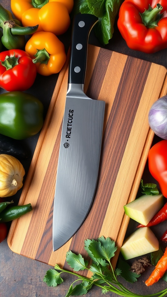 A high-performance chef's knife on a wooden cutting board surrounded by fresh vegetables.