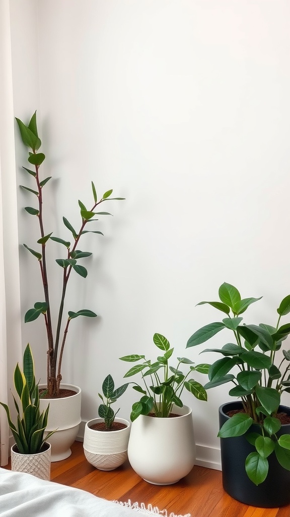 A corner of a bedroom featuring various indoor plants in stylish pots.