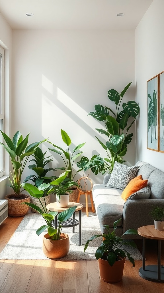 A cozy living room filled with various indoor plants, featuring a gray sofa and wooden tables.