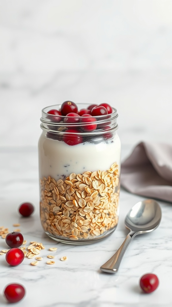 A jar of layered oats with yogurt and cranberries on a marble surface.