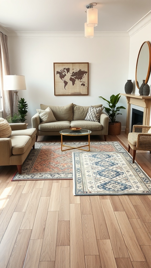 A modern living room featuring layered rugs, a comfortable sofa, and warm lighting.
