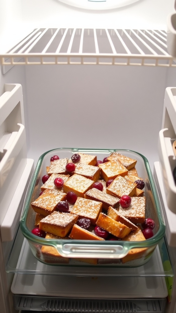 Leftover sour cream cranberry French toast casserole in a glass dish with cranberries on top, placed inside a refrigerator.