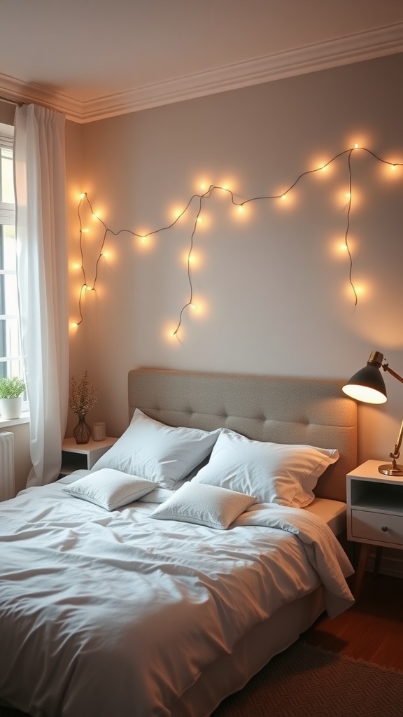 A cozy bedroom with string lights on the wall and a soft bed, illustrating budget-friendly lighting upgrades.