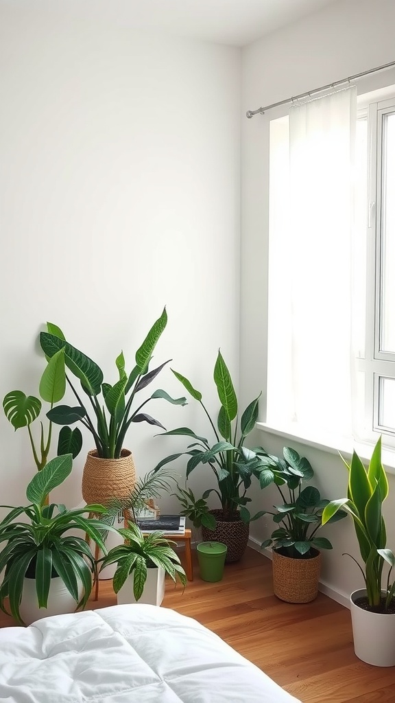 A corner of a bedroom with various indoor plants in stylish pots, creating a fresh and lively atmosphere.