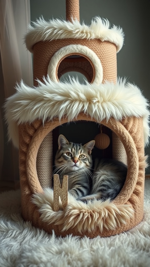 Luxury cat tower with faux fur lining and a cat resting inside.