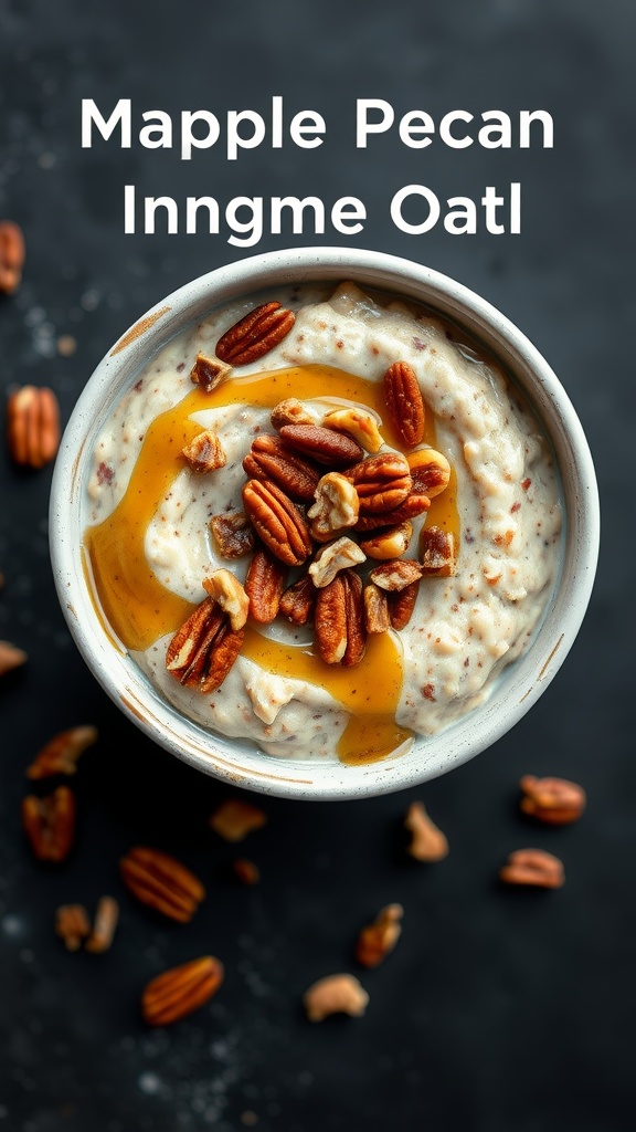 Maple Pecan Cinnamon Roll Oats in a bowl with pecans and syrup on top