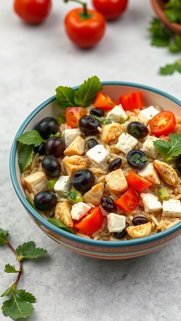 A colorful bowl of Mediterranean Chicken Orzo Salad with chicken, tomatoes, olives, and feta cheese.