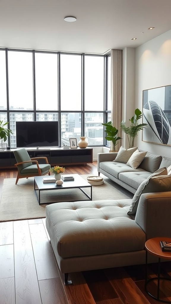 A modern minimalist living room featuring a cozy sofa, an ottoman, and large windows with natural light.