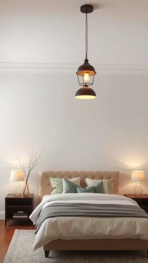 Modern bedroom with stylish lighting fixtures, including a pendant light and bedside lamps.