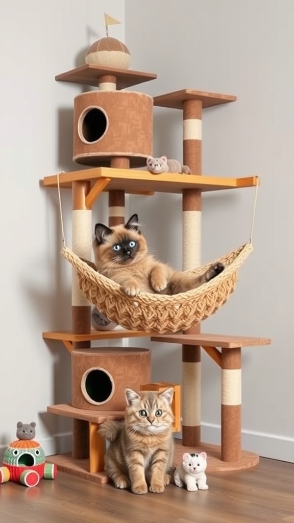 A multi-level cat tree with a hammock and two cats lounging on it.