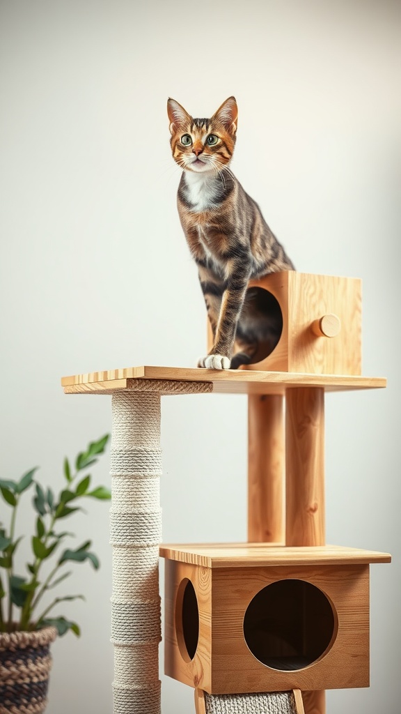 Natural wood cat tree with a cat on top