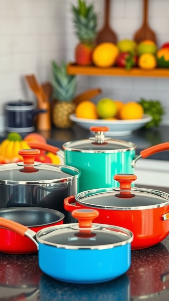 A collection of colorful non-stick cookware pots with lids on a kitchen counter.