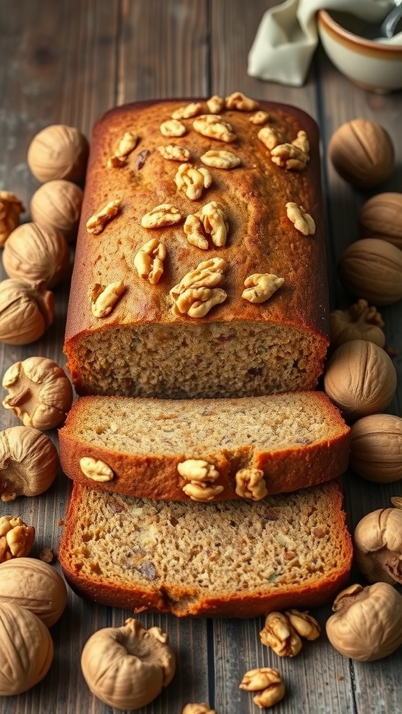 Loaf of banana bread topped with walnuts, slices cut and placed beside whole walnuts.