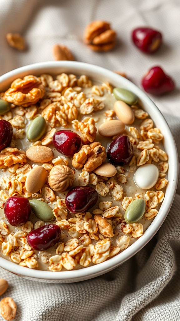 A bowl of overnight oats topped with nuts and dried cranberries.