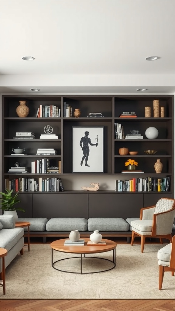 A modern living room with open shelving displaying books and decorative items, complemented by stylish seating and a coffee table.