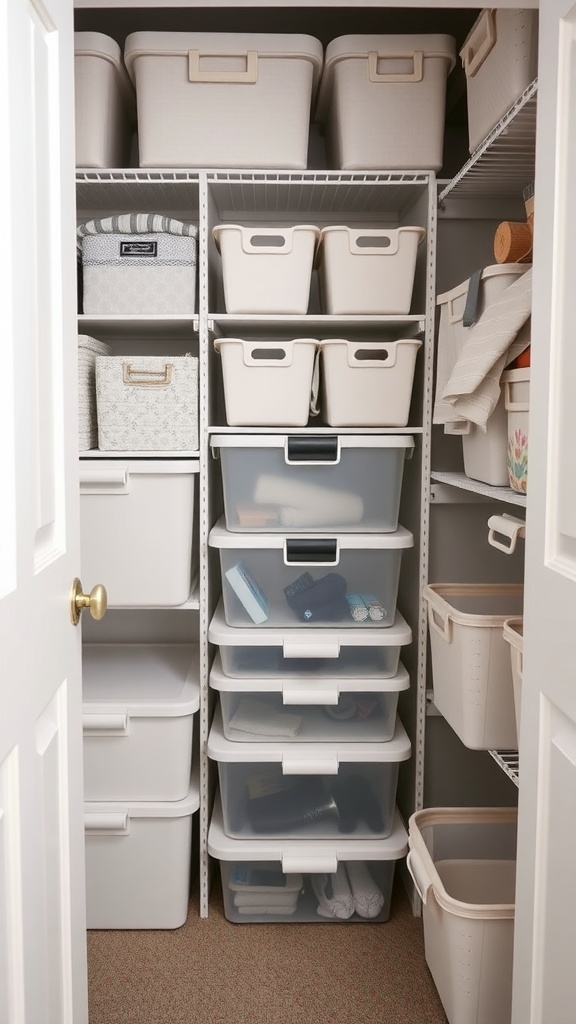Organized closet with storage bins and shelves