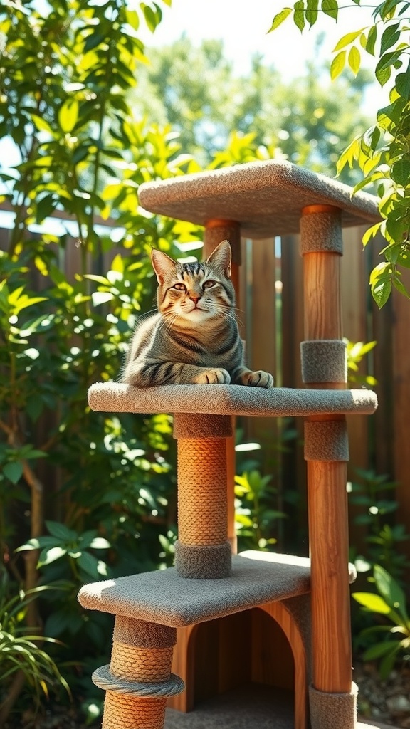 A cat lounging on a weather-resistant outdoor cat tree surrounded by greenery.