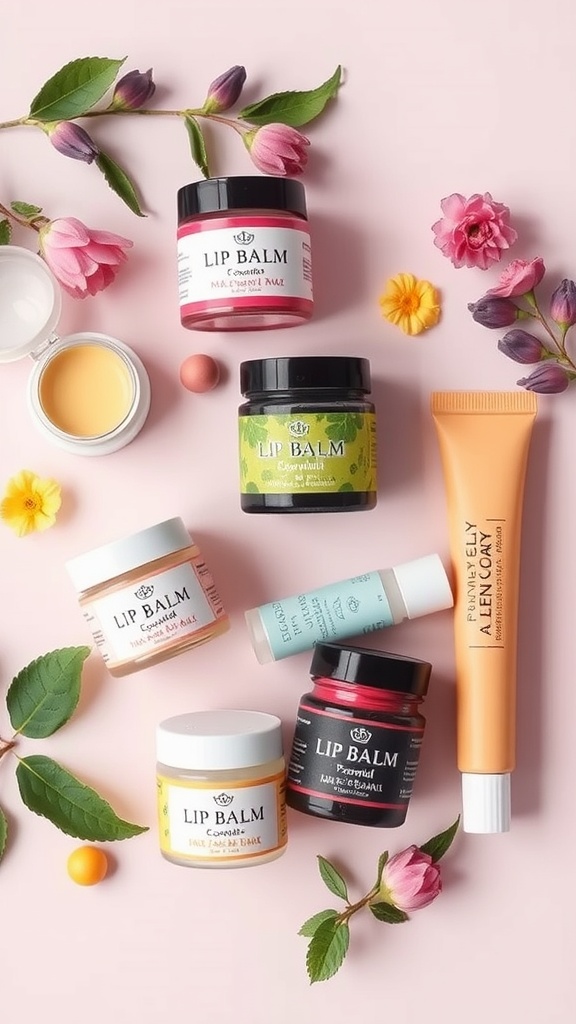 An assortment of colorful lip balm containers and flowers arranged aesthetically on a pink background.