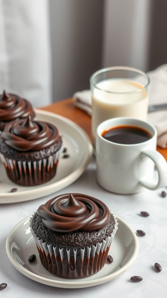 Moist dark chocolate blackberry cupcakes served with coffee and milk.