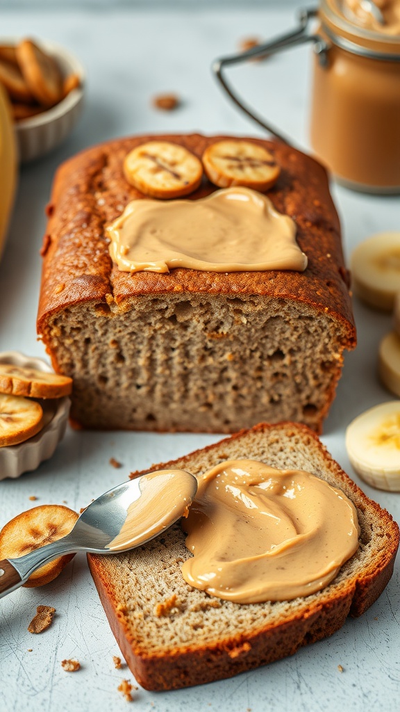 A loaf of peanut butter banana bread with peanut butter spread on a slice, garnished with banana slices.