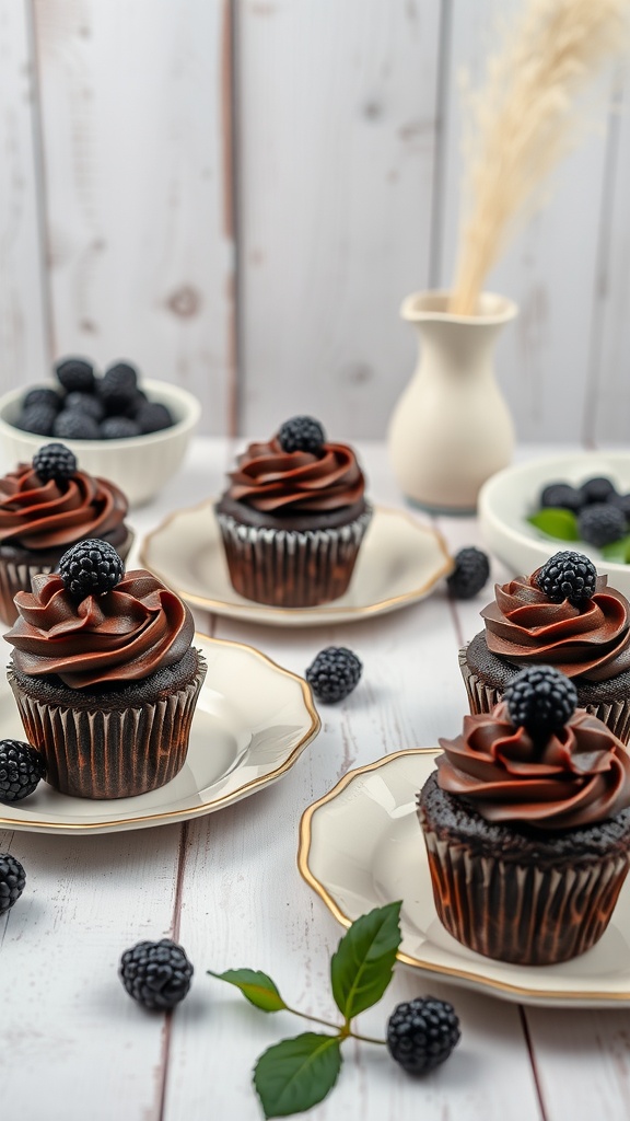 Delicious moist dark chocolate blackberry cupcakes with blackberry frosting, garnished with fresh blackberries on decorative plates.