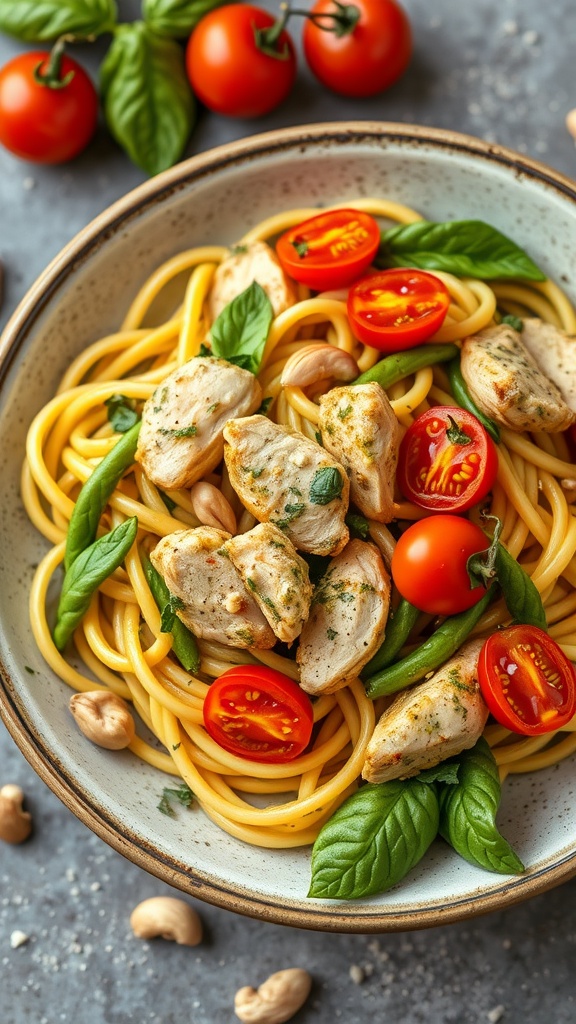 A bowl of spaghetti topped with sliced grilled chicken, cherry tomatoes, and fresh basil leaves, drizzled with pesto.