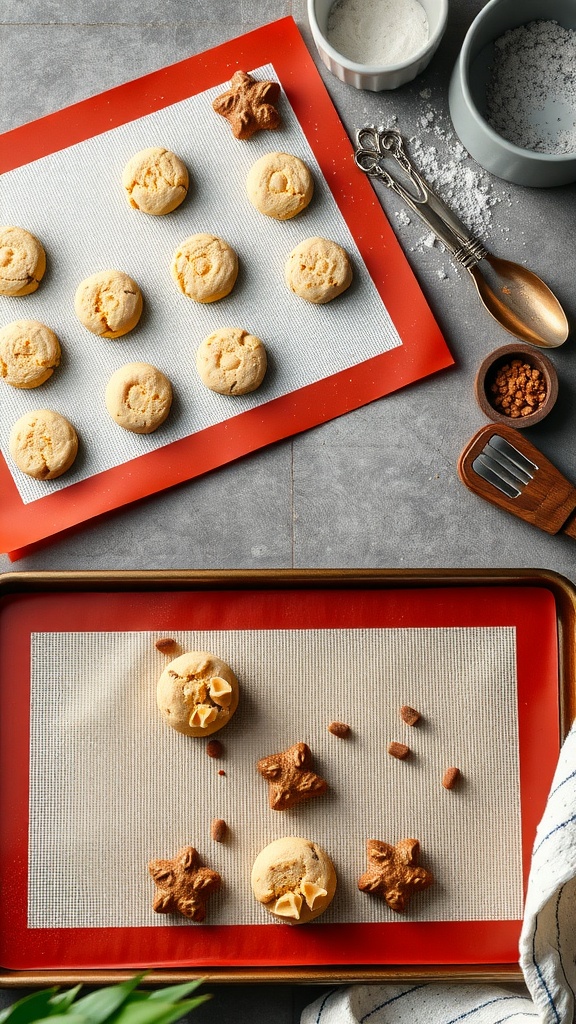 Baking cookies on silicone mats with various kitchen utensils and ingredients