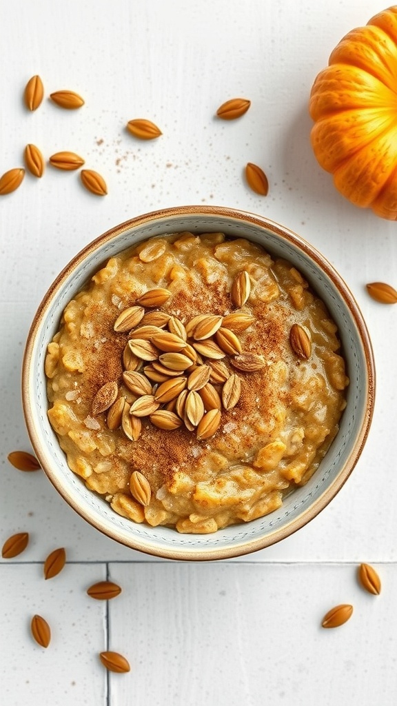 Bowl of pumpkin spice cinnamon roll oats topped with pumpkin seeds and surrounded by pumpkin seeds and a small pumpkin.
