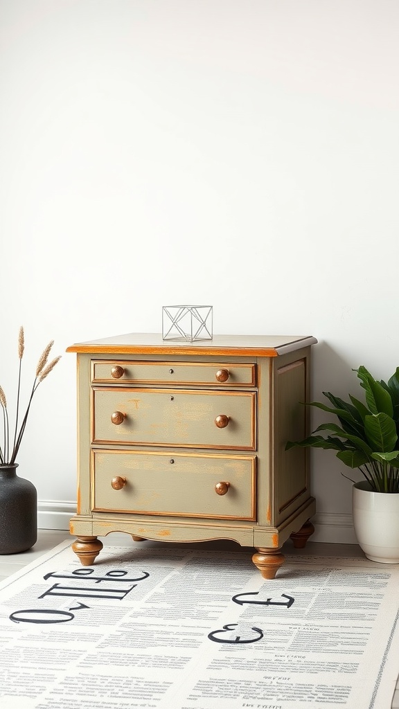 A repurposed nightstand with three drawers, painted in a muted color with warm wood accents, beside a plant and decorative vase.