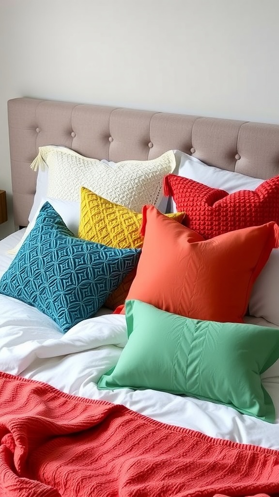 A variety of colorful accent pillows on a bed