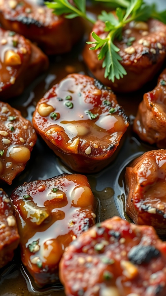 Delicious garlic butter steak bites with a rich marinade served with golden potatoes