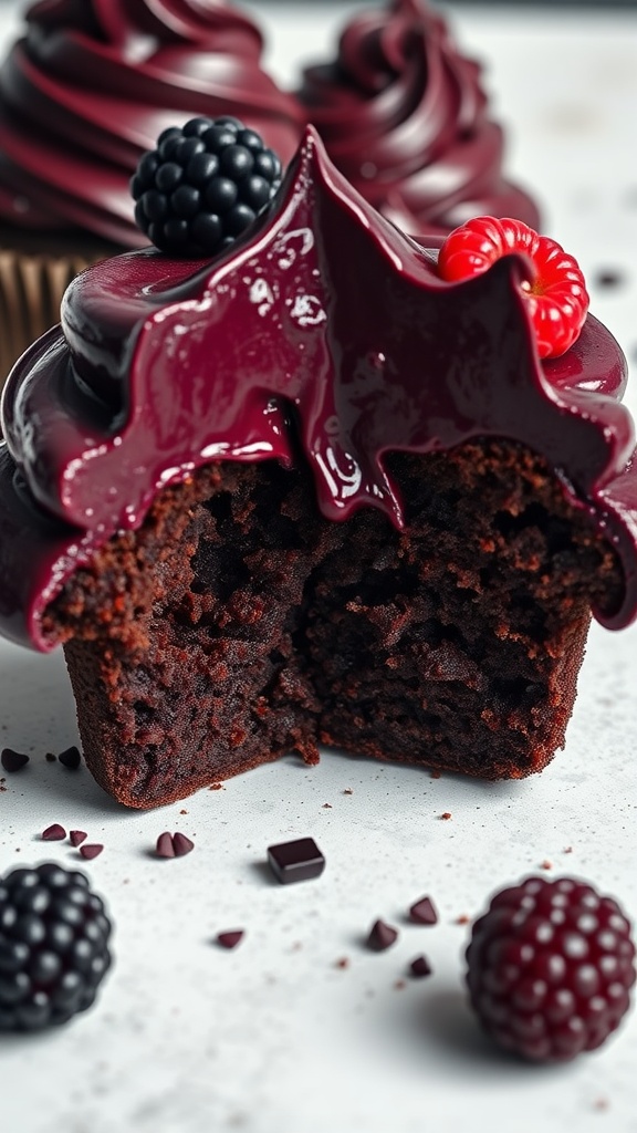 Close-up of a moist dark chocolate cupcake with blackberry frosting and berries on top.