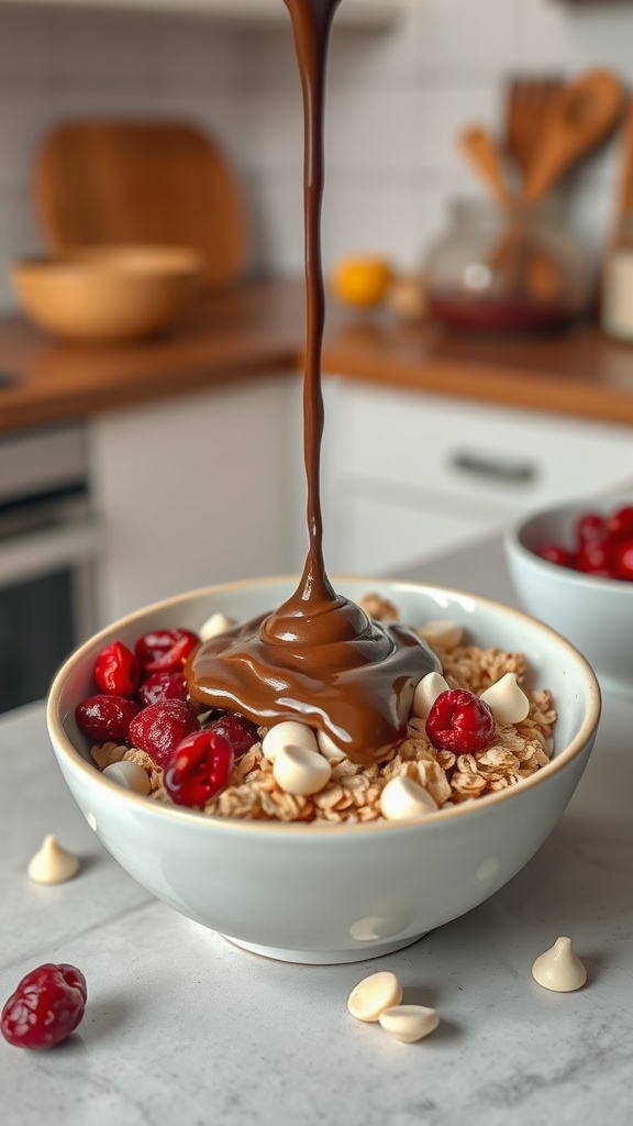 A bowl of oatmeal topped with rich chocolate drizzle, cranberries, and white chocolate chips.
