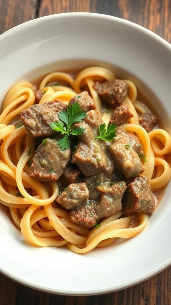 A delicious bowl of beef stroganoff served over egg noodles, garnished with parsley.